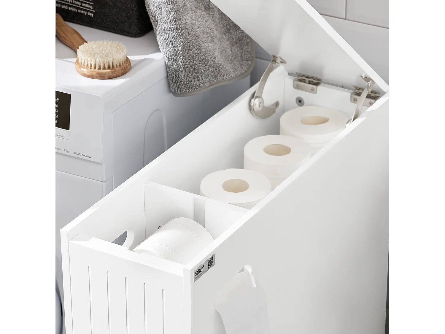 SoBuy BZR111-W Armoire WC Toilettes Compact, sur Support Papier Toilette avec 1 Porte Basculante, 2 Tiroirs et un 1 Compartiment Ouvert