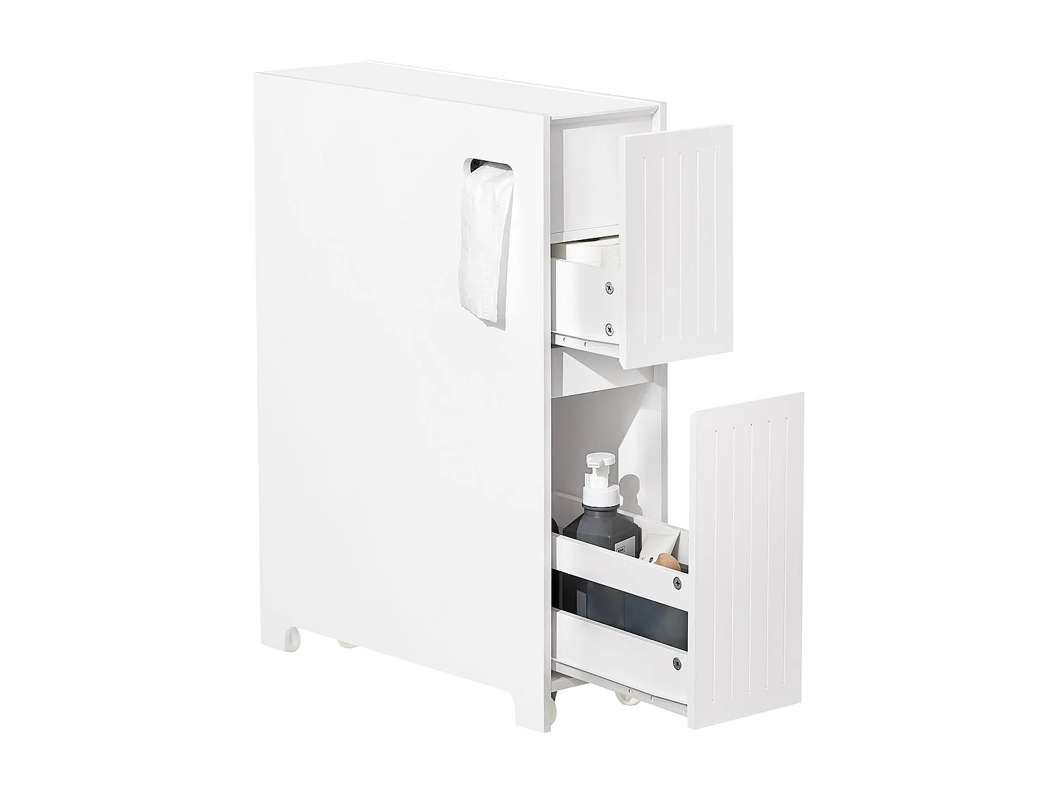 SoBuy BZR111-W Armoire WC Toilettes Compact, sur Support Papier Toilette avec 1 Porte Basculante, 2 Tiroirs et un 1 Compartiment Ouvert
