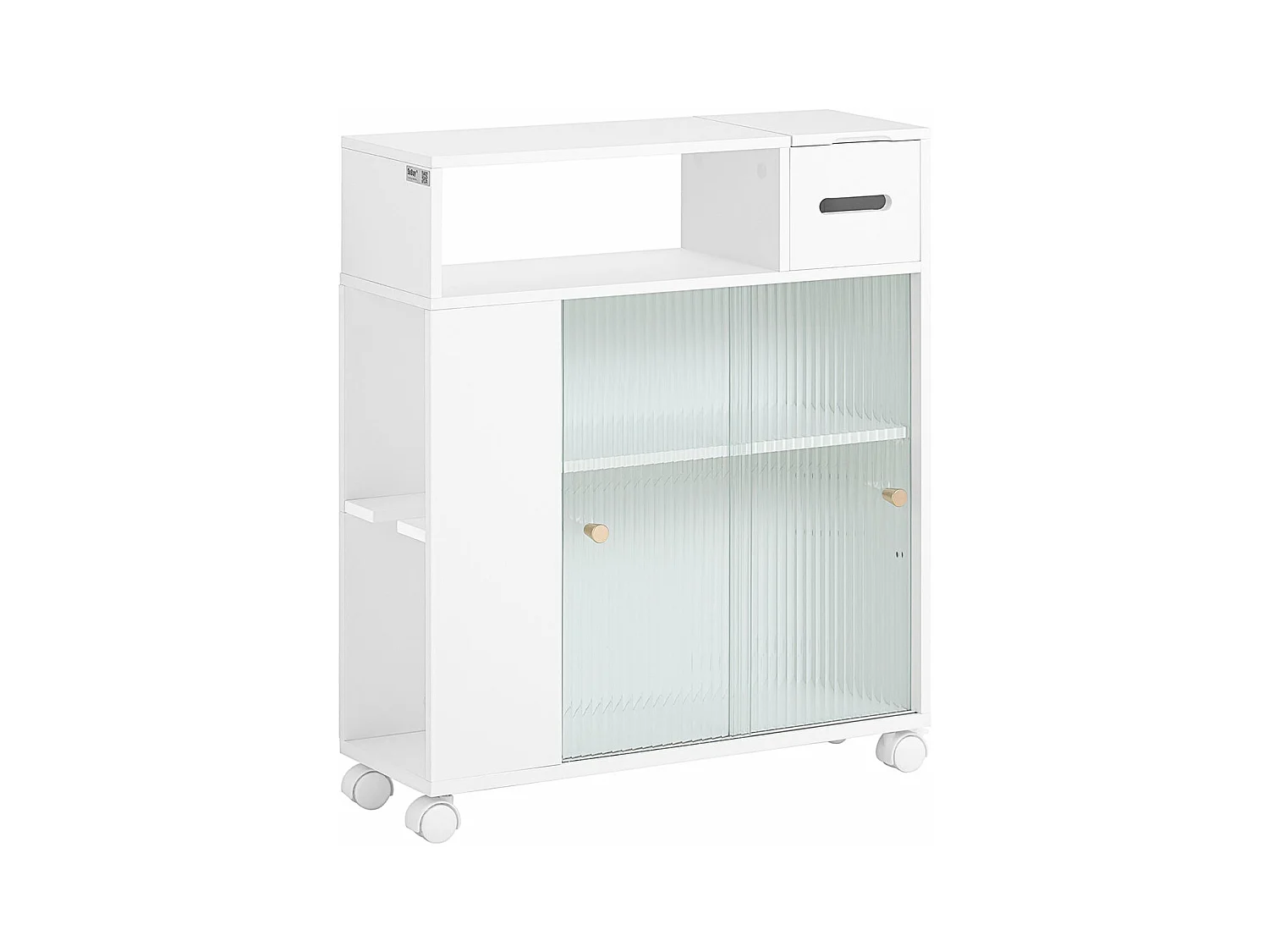 SoBuy BZR117-W Armoire WC Toilettes, Meuble Étroit Salle de Bain sur Roulettes, Support Papier Toilette avec 2 Portes Coulissantes en Verre