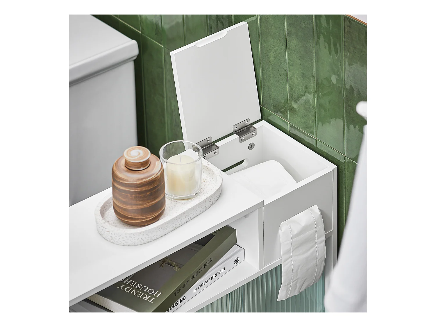 SoBuy BZR117-W Armoire WC Toilettes, Meuble Étroit Salle de Bain sur Roulettes, Support Papier Toilette avec 2 Portes Coulissantes en Verre