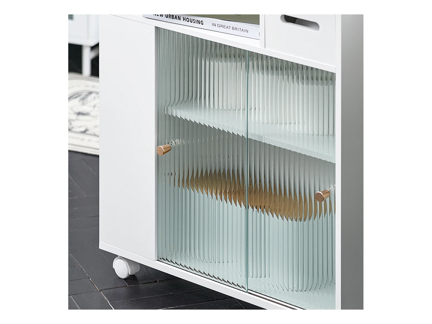 SoBuy BZR117-W Armoire WC Toilettes, Meuble Étroit Salle de Bain sur Roulettes, Support Papier Toilette avec 2 Portes Coulissantes en Verre