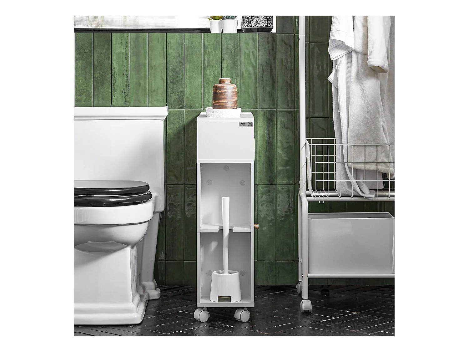 SoBuy BZR117-W Armoire WC Toilettes, Meuble Étroit Salle de Bain sur Roulettes, Support Papier Toilette avec 2 Portes Coulissantes en Verre