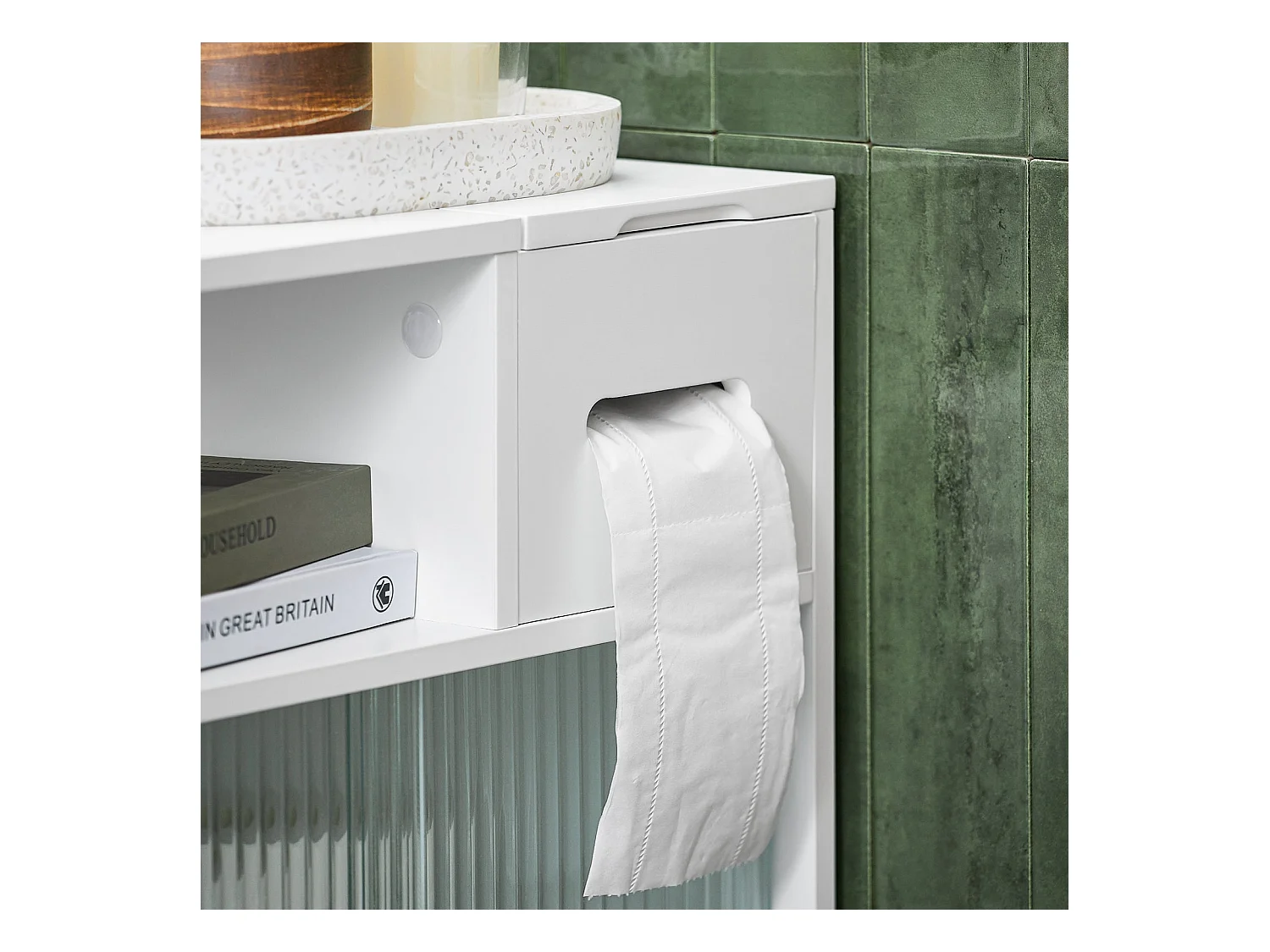 SoBuy BZR117-W Armoire WC Toilettes, Meuble Étroit Salle de Bain sur Roulettes, Support Papier Toilette avec 2 Portes Coulissantes en Verre