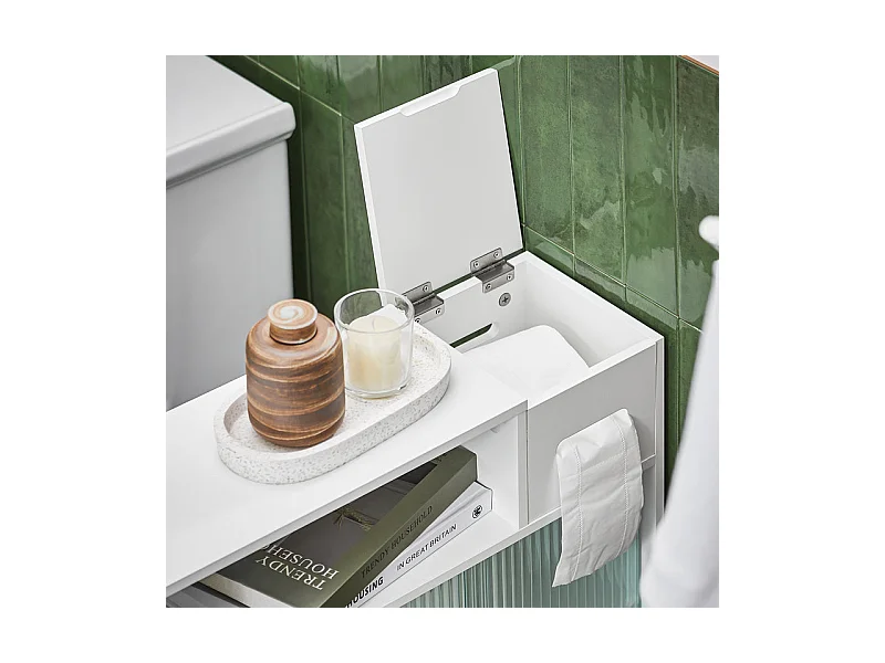 SoBuy BZR117-W Armoire WC Toilettes, Meuble Étroit Salle de Bain sur Roulettes, Support Papier Toilette avec 2 Portes Coulissantes en Verre