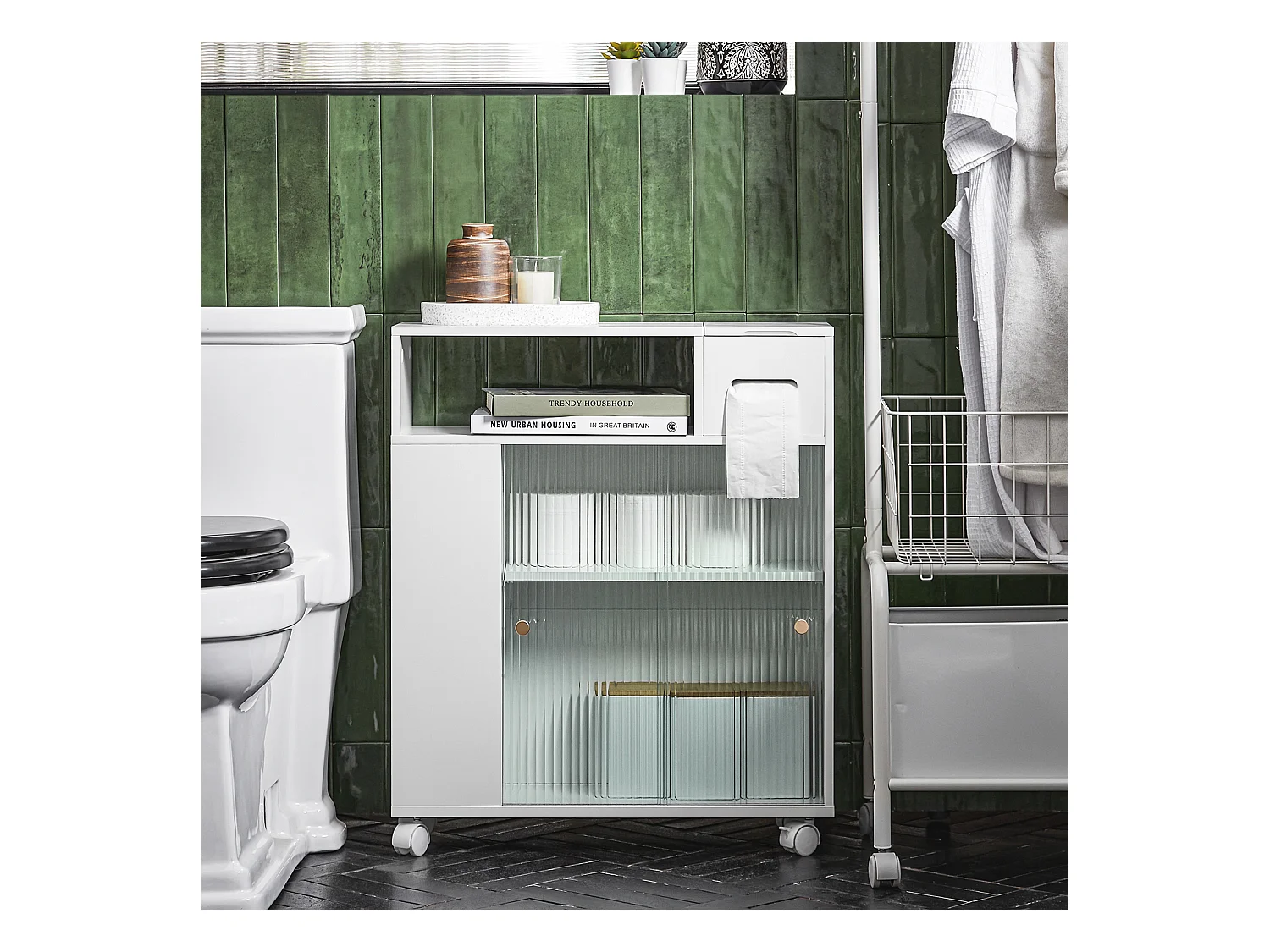 SoBuy BZR117-W Armoire WC Toilettes, Meuble Étroit Salle de Bain sur Roulettes, Support Papier Toilette avec 2 Portes Coulissantes en Verre