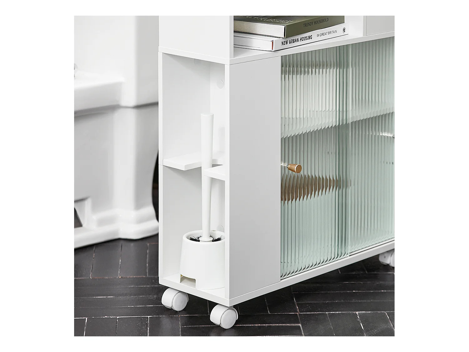 SoBuy BZR117-W Armoire WC Toilettes, Meuble Étroit Salle de Bain sur Roulettes, Support Papier Toilette avec 2 Portes Coulissantes en Verre