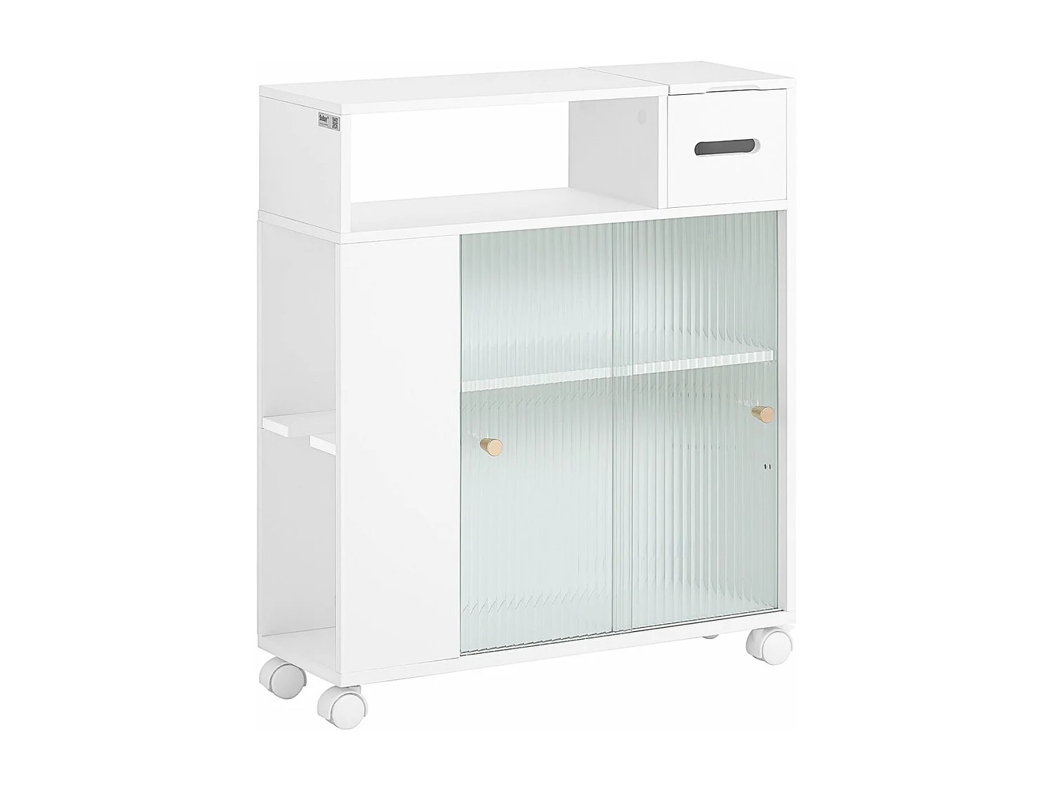 SoBuy BZR117-W Armoire WC Toilettes, Meuble Étroit Salle de Bain sur Roulettes, Support Papier Toilette avec 2 Portes Coulissantes en Verre
