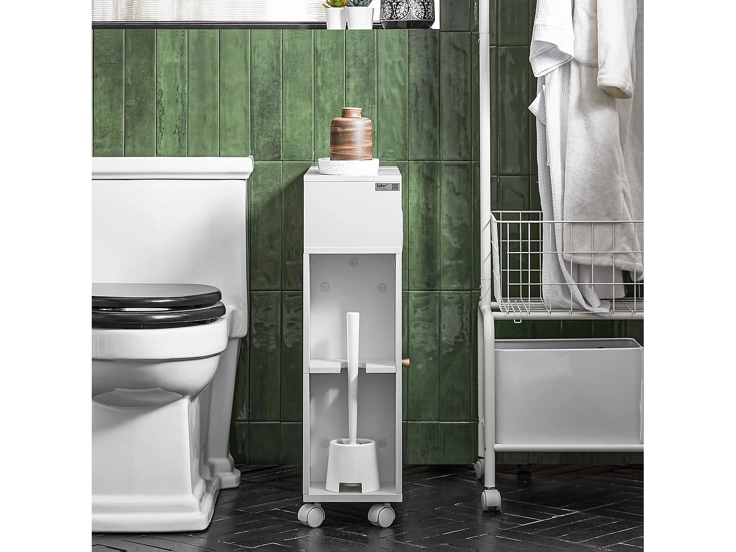 SoBuy BZR117-W Armoire WC Toilettes, Meuble Étroit Salle de Bain sur Roulettes, Support Papier Toilette avec 2 Portes Coulissantes en Verre