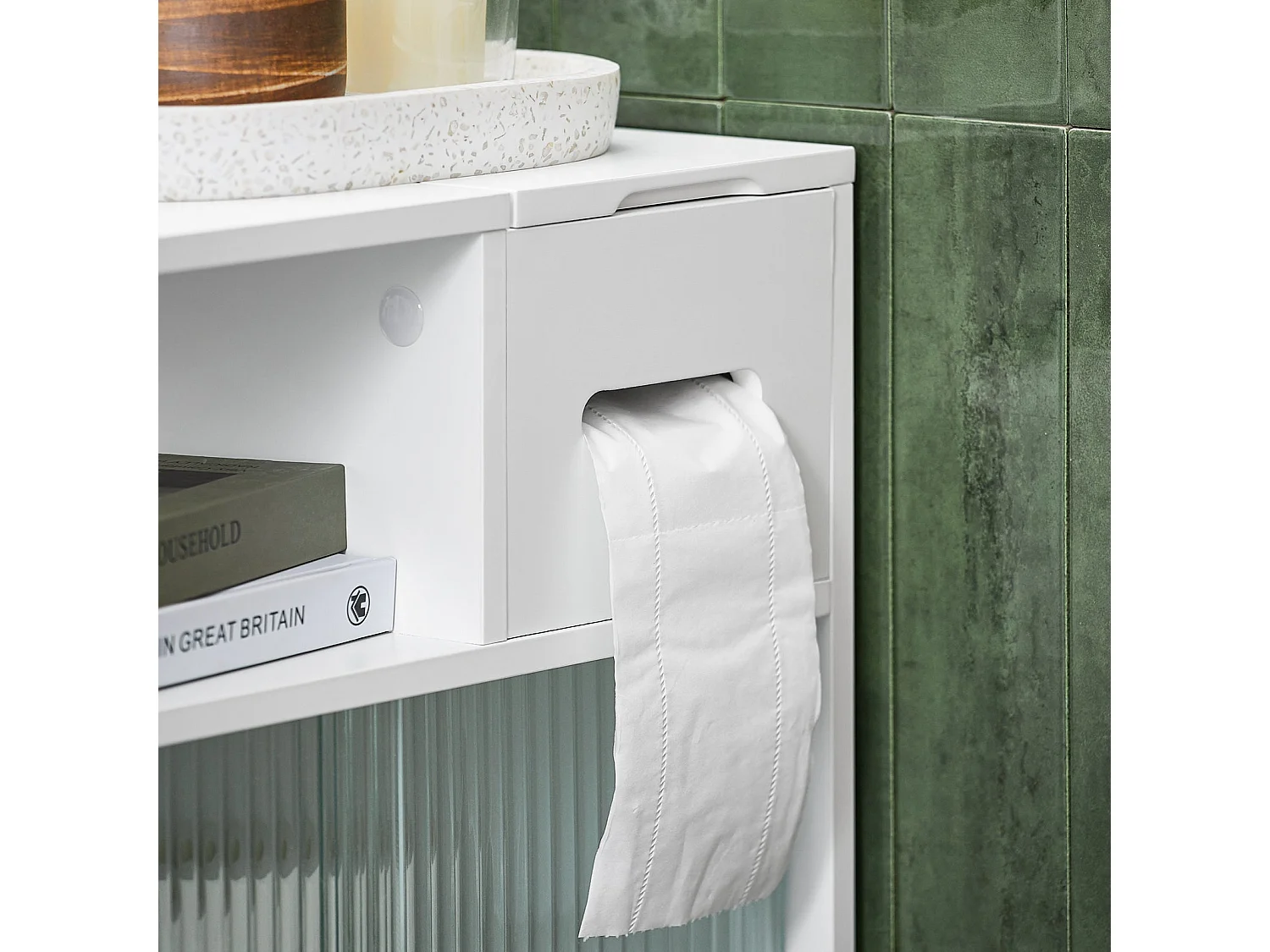 SoBuy BZR117-W Armoire WC Toilettes, Meuble Étroit Salle de Bain sur Roulettes, Support Papier Toilette avec 2 Portes Coulissantes en Verre