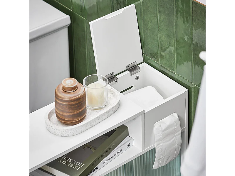 SoBuy BZR117-W Armoire WC Toilettes, Meuble Étroit Salle de Bain sur Roulettes, Support Papier Toilette avec 2 Portes Coulissantes en Verre