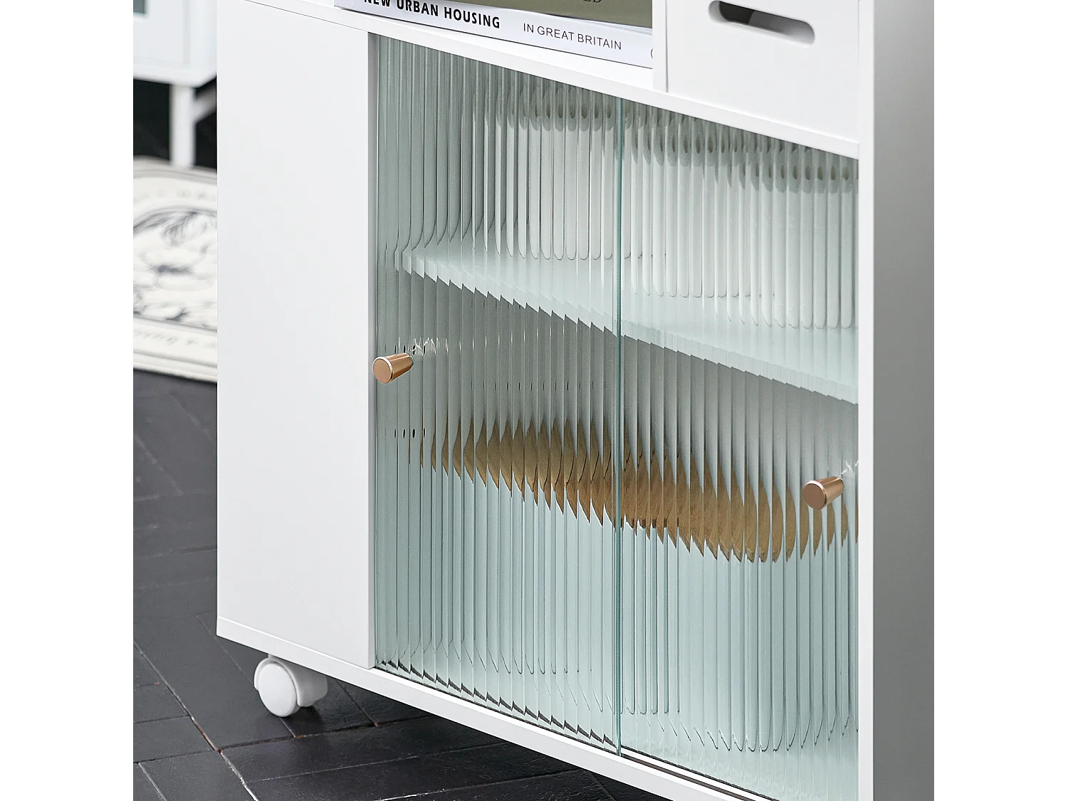 SoBuy BZR117-W Armoire WC Toilettes, Meuble Étroit Salle de Bain sur Roulettes, Support Papier Toilette avec 2 Portes Coulissantes en Verre