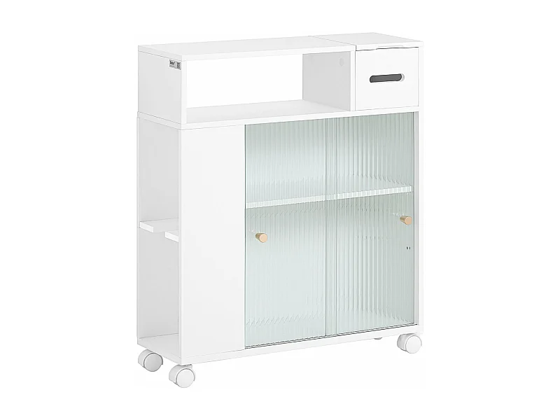 SoBuy BZR117-W Armoire WC Toilettes, Meuble Étroit Salle de Bain sur Roulettes, Support Papier Toilette avec 2 Portes Coulissantes en Verre