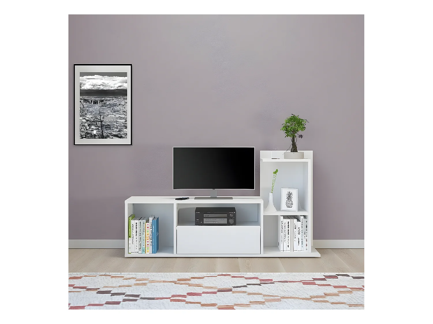 Meuble TV Sabrina, Blanc, 150x22x25 cm, EPIKASA