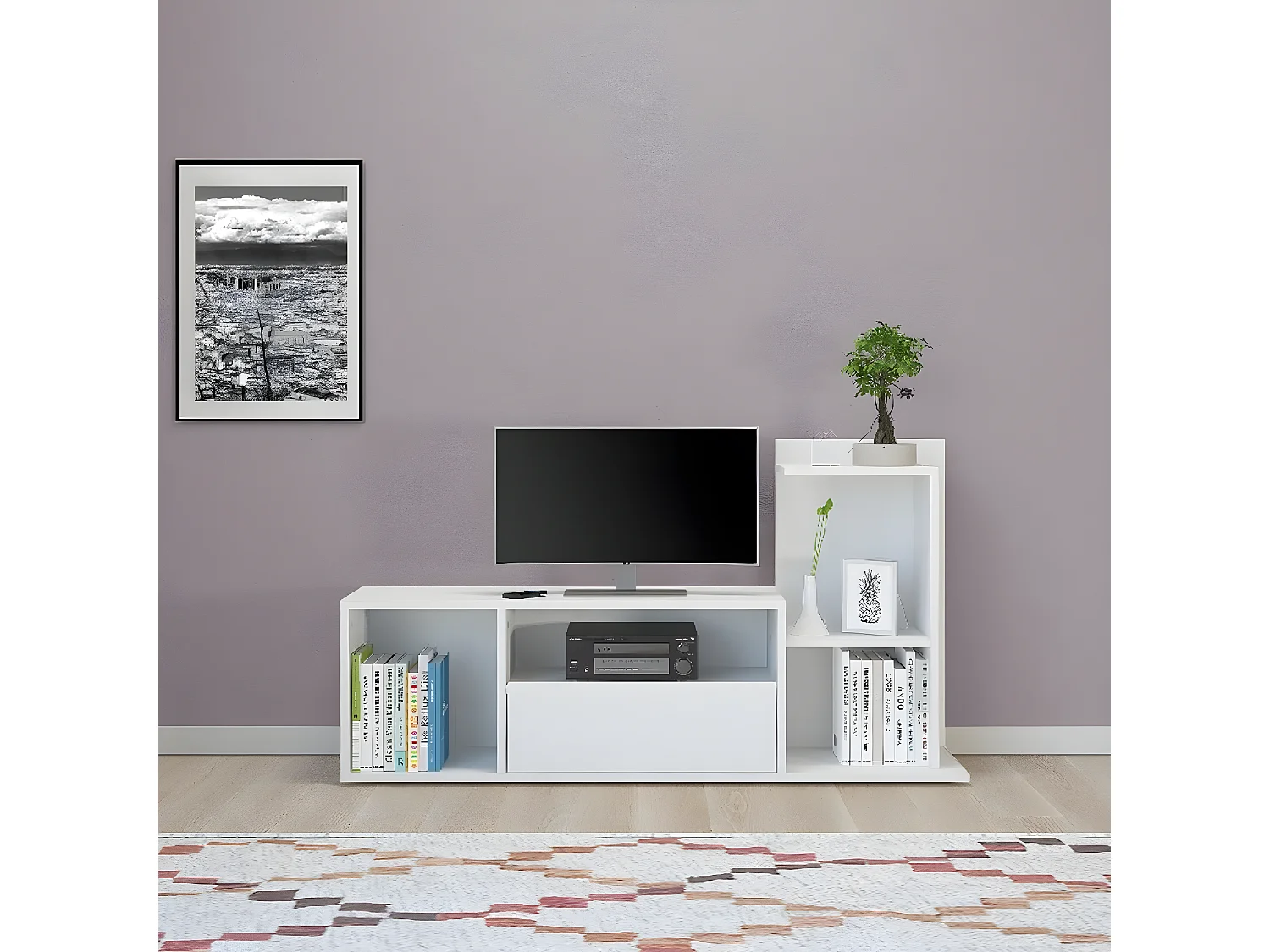 Meuble TV Sabrina, Blanc, 150x22x25 cm, EPIKASA