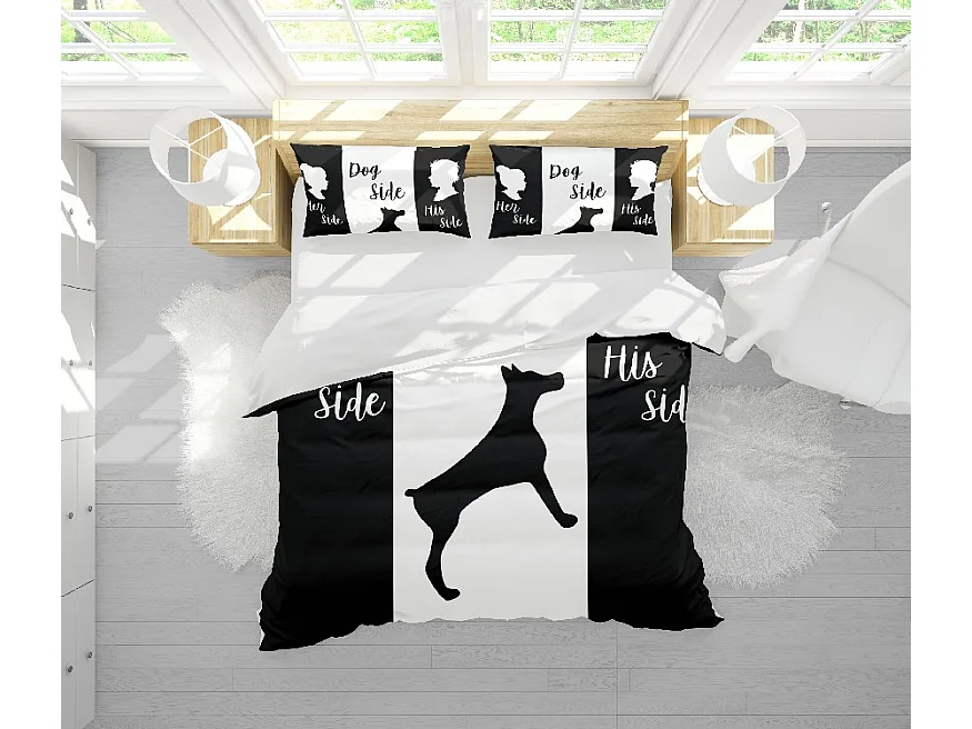 Parure Copripiumino Matrimoniale Animali Cane Lato - Nero, Bianco - 200 x 250 cm - EPIKASA