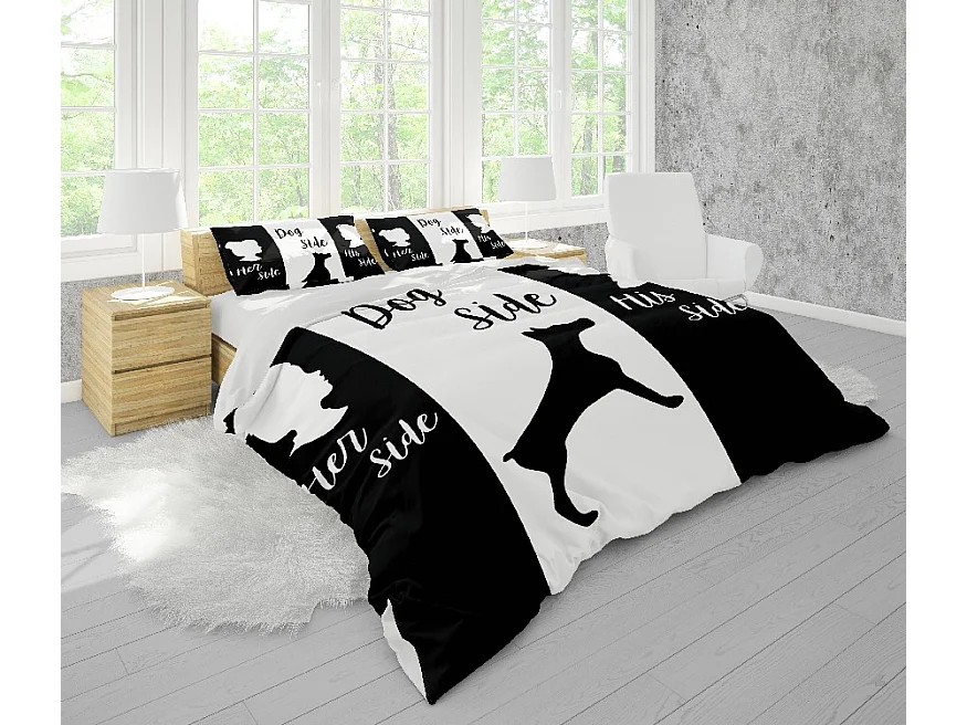 Parure Copripiumino Matrimoniale Animali Cane Lato - Nero, Bianco - 200 x 250 cm - EPIKASA