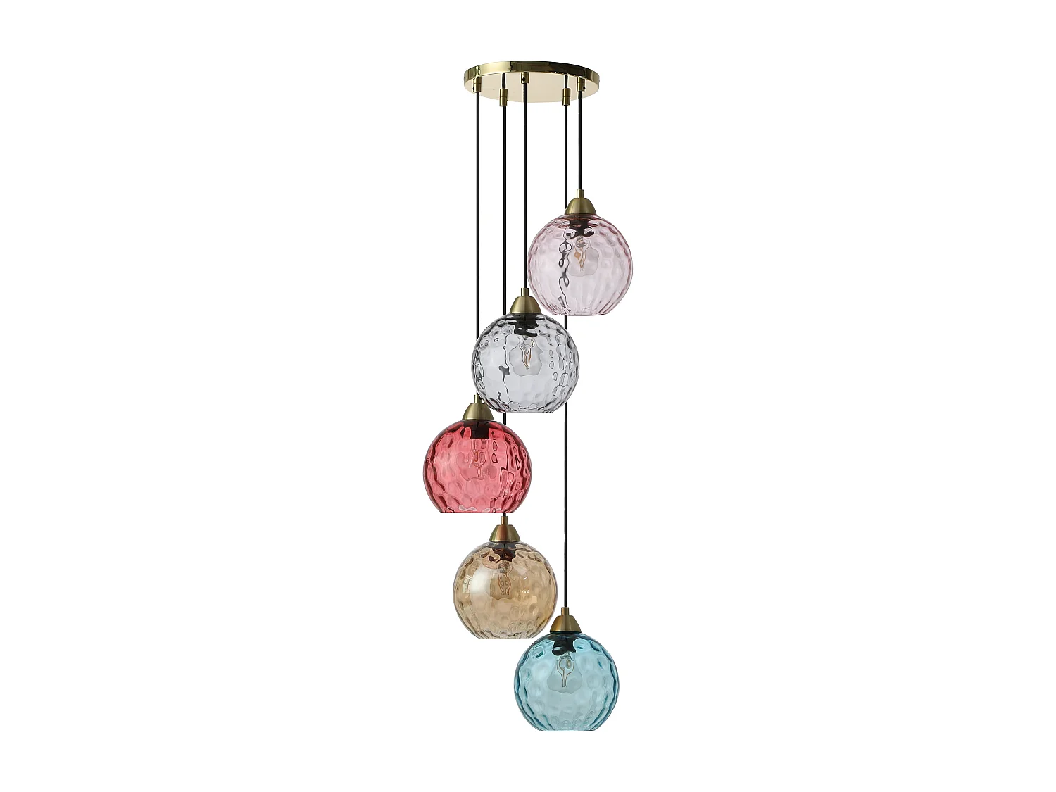 Lustre em metal e vidro colorido, 5 globos, C40xA120 cm dourado e multicolor - SUSANNE