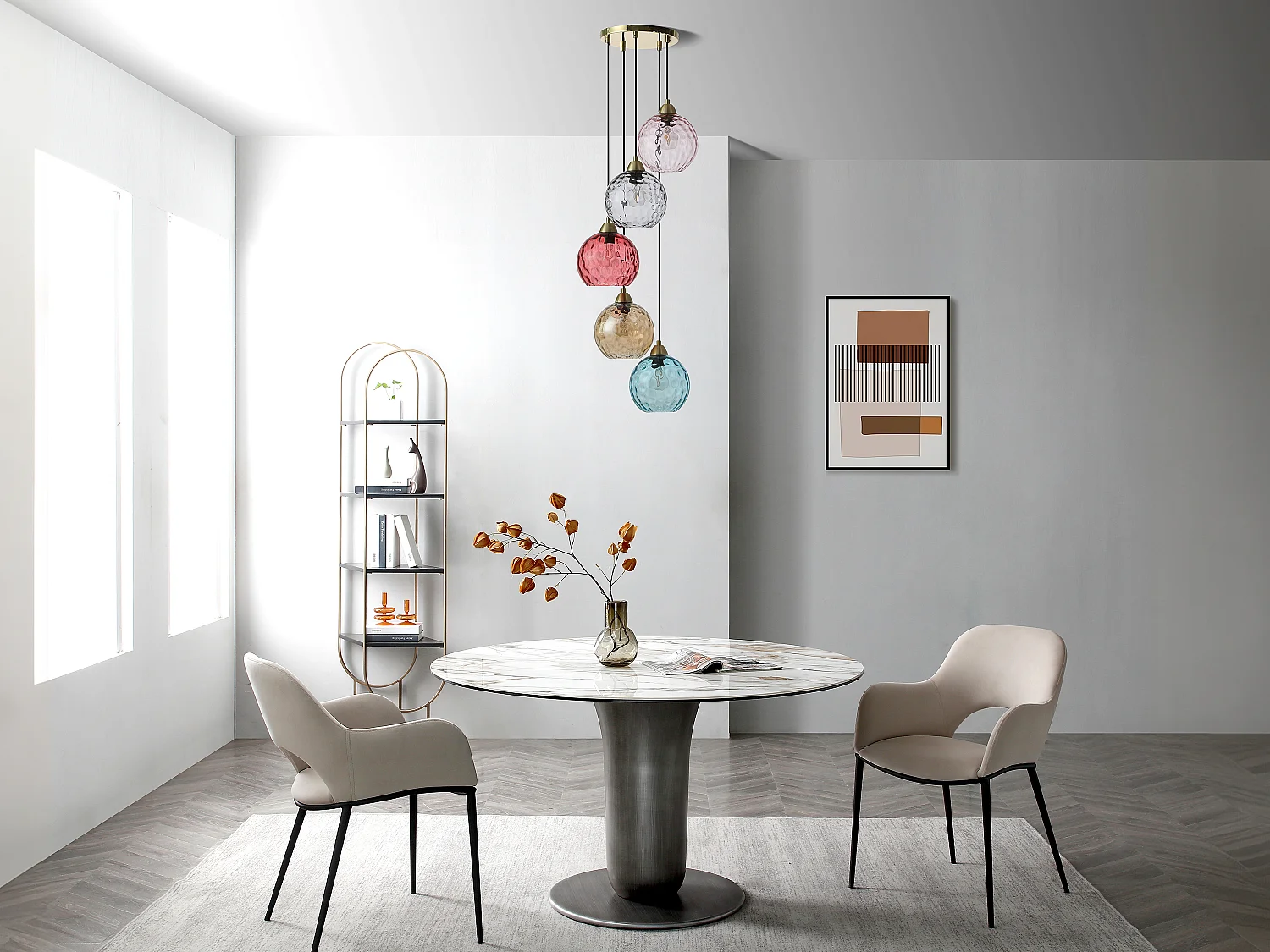 Lustre em metal e vidro colorido, 5 globos, C40xA120 cm dourado e multicolor - SUSANNE