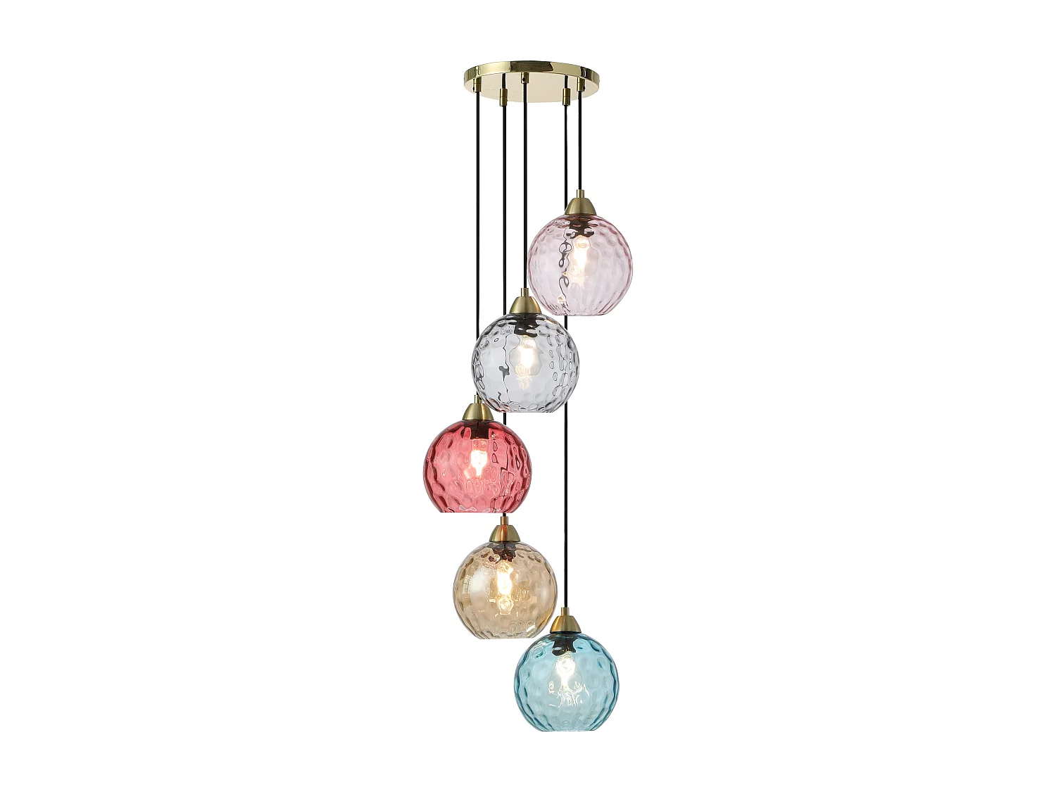 Lustre en métal et verre coloré -  5 globes - L. 40 x H. 120 cm - Doré et multicolore - SUSANNE