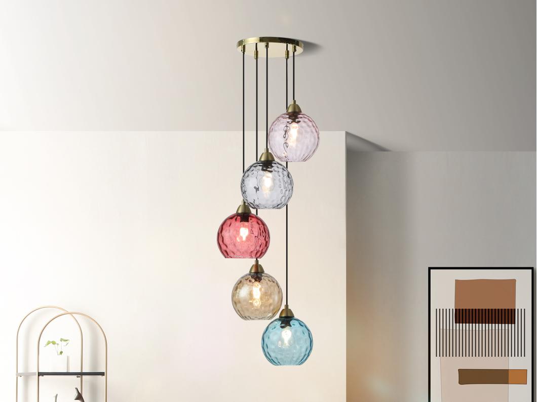 Hanglamp van metaal en gekleurd glas - 5 bollen - L40 x H120 cm - Goudkleurig en meerdere kleuren - SUSANNE