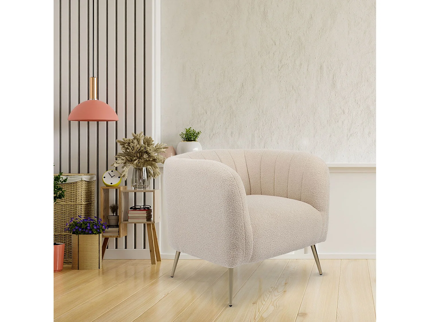 Fauteuil moderne Bombaro pieds métal doré et Tissu bouclette Beige