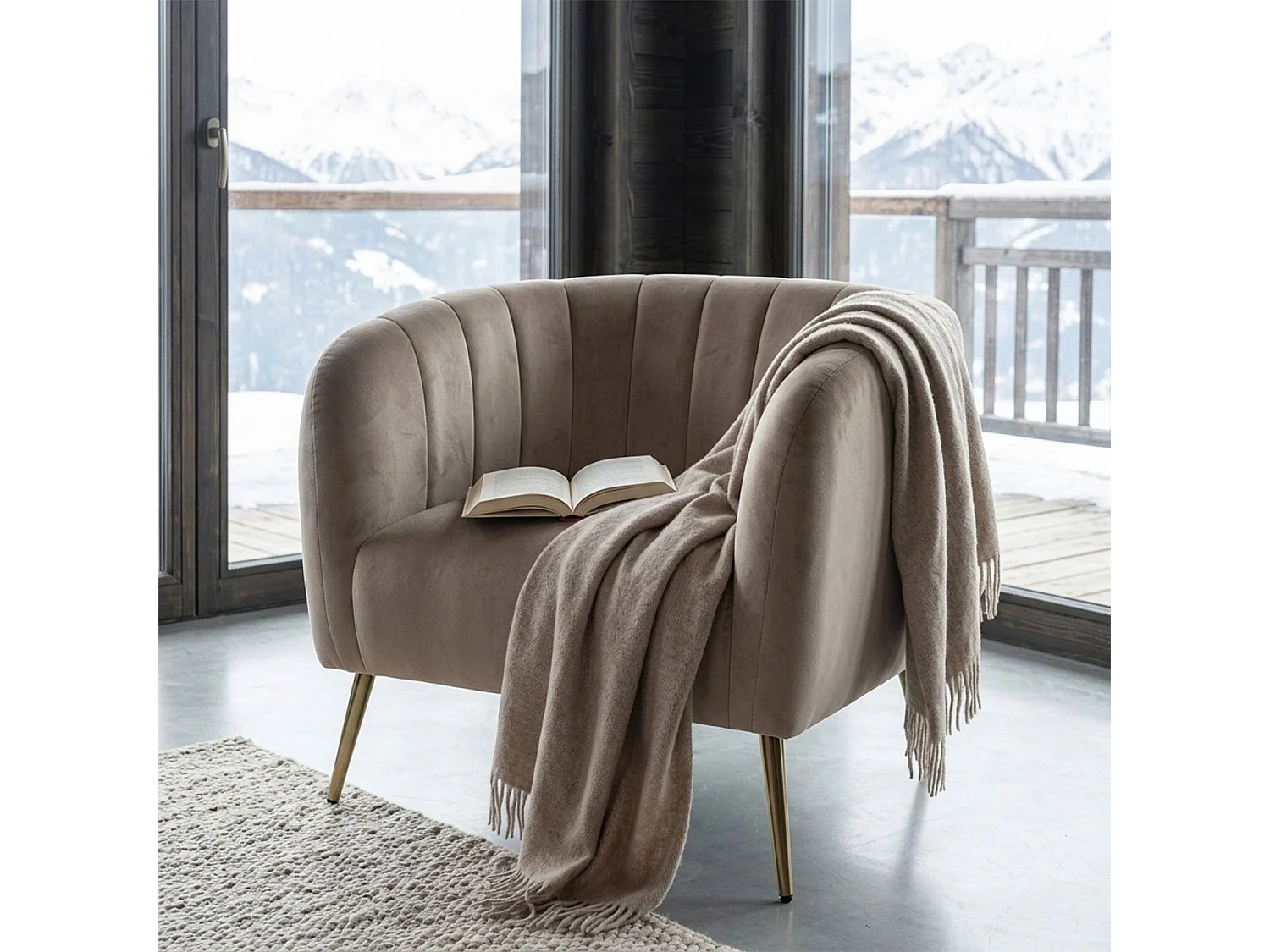Fauteuil moderne Bombaro pieds métal doré et Velours Taupe