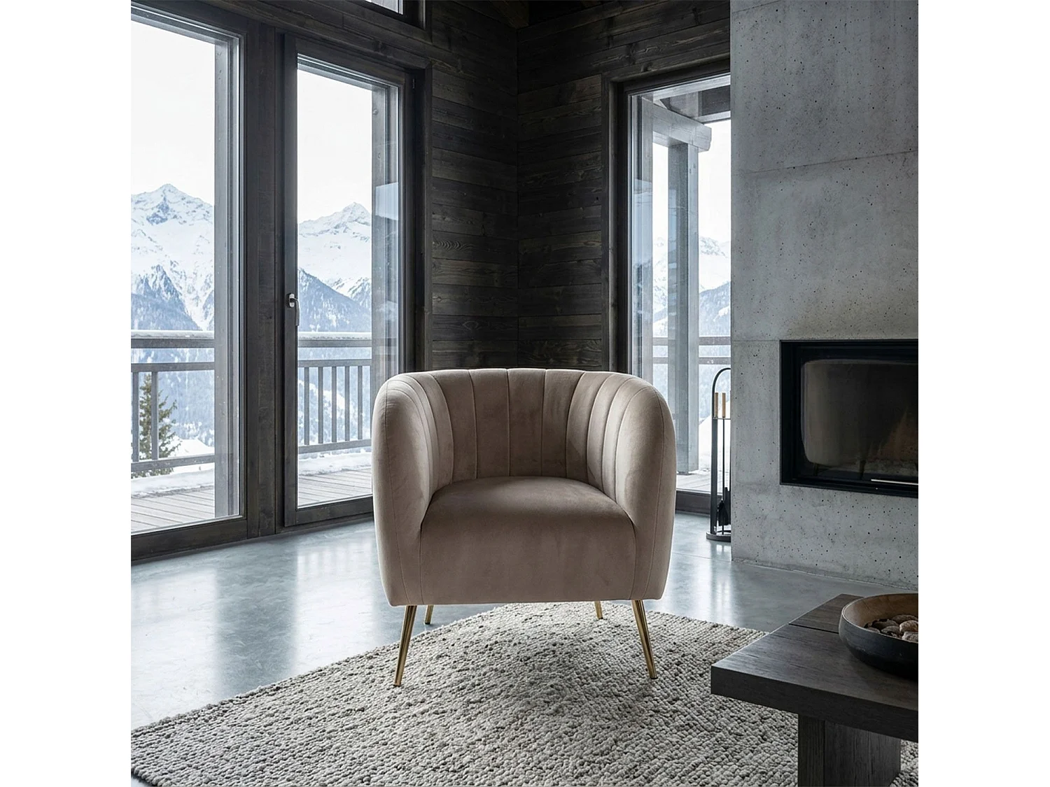 Fauteuil moderne Bombaro pieds métal doré et Velours Taupe