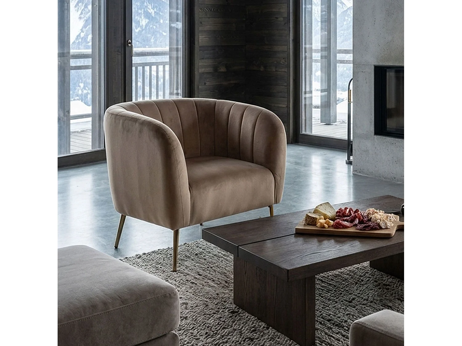 Fauteuil moderne Bombaro pieds métal doré et Velours Taupe