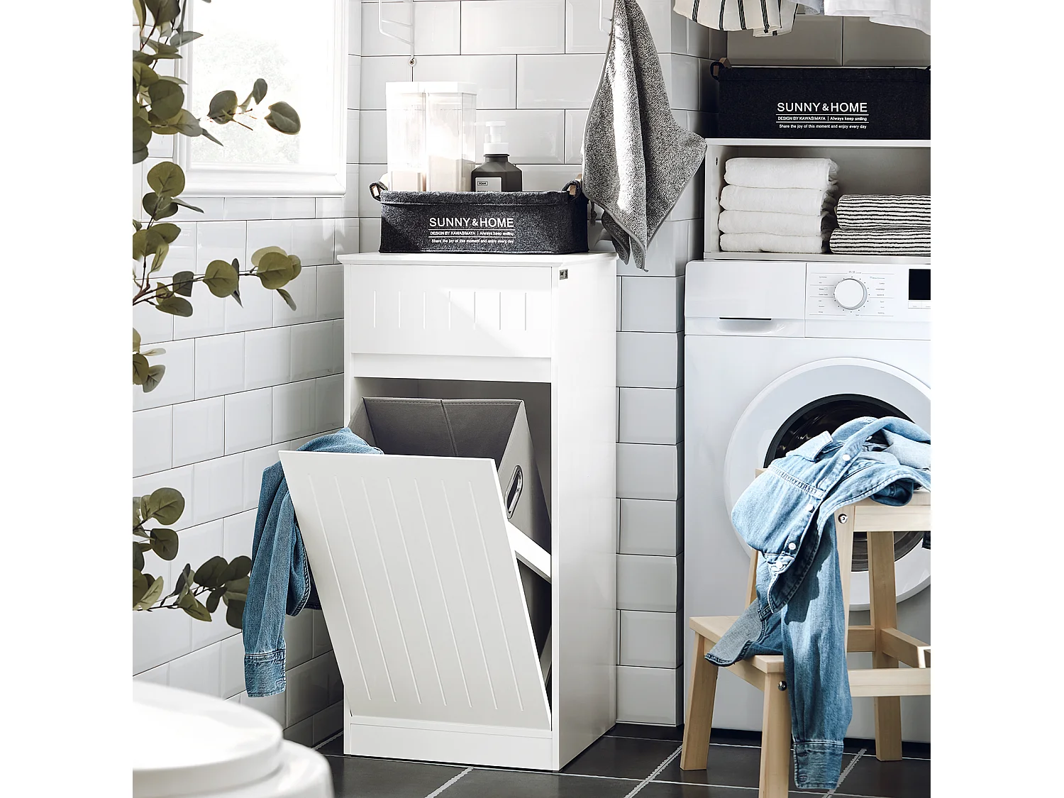 SoBuy BZR110-W Armoire à linge, Corbeille à Linge, Meuble Bas de Salle de Bain, Meuble de Rangement avec 1 Tiroir et 1 Panier à Linge Amovible, Blanc