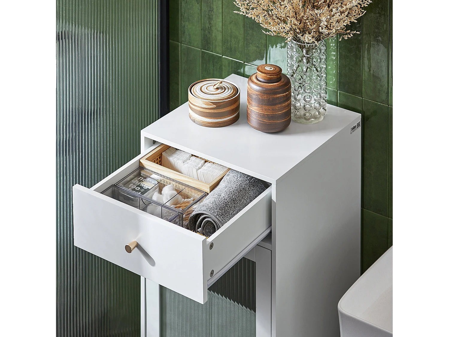 SoBuy BZR116-W Armoire à Linge Meuble Bas de Salle de Bain sur Pieds Meuble Salle de Bain avec 1 tiroir, 1 Porte en Verre et 1 Panier à Linge Amovible