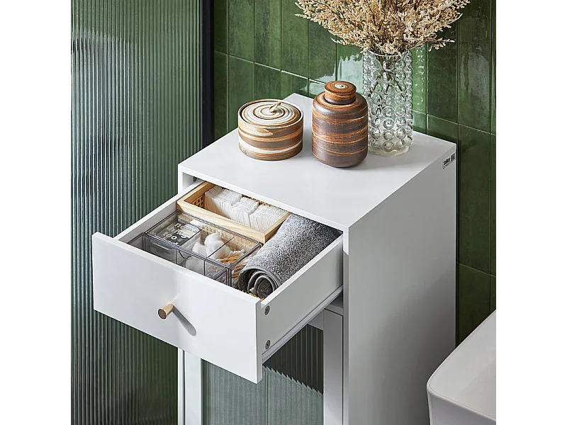 SoBuy BZR116-W Armoire à Linge Meuble Bas de Salle de Bain sur Pieds Meuble Salle de Bain avec 1 tiroir, 1 Porte en Verre et 1 Panier à Linge Amovible