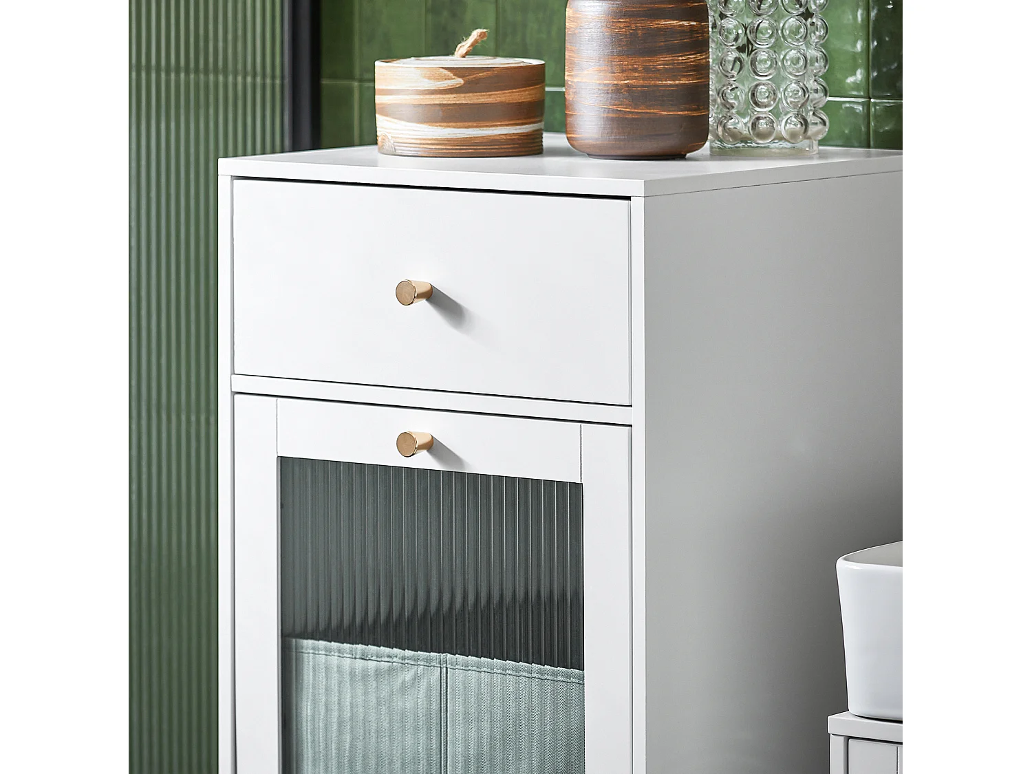 SoBuy BZR116-W Armoire à Linge Meuble Bas de Salle de Bain sur Pieds Meuble Salle de Bain avec 1 tiroir, 1 Porte en Verre et 1 Panier à Linge Amovible