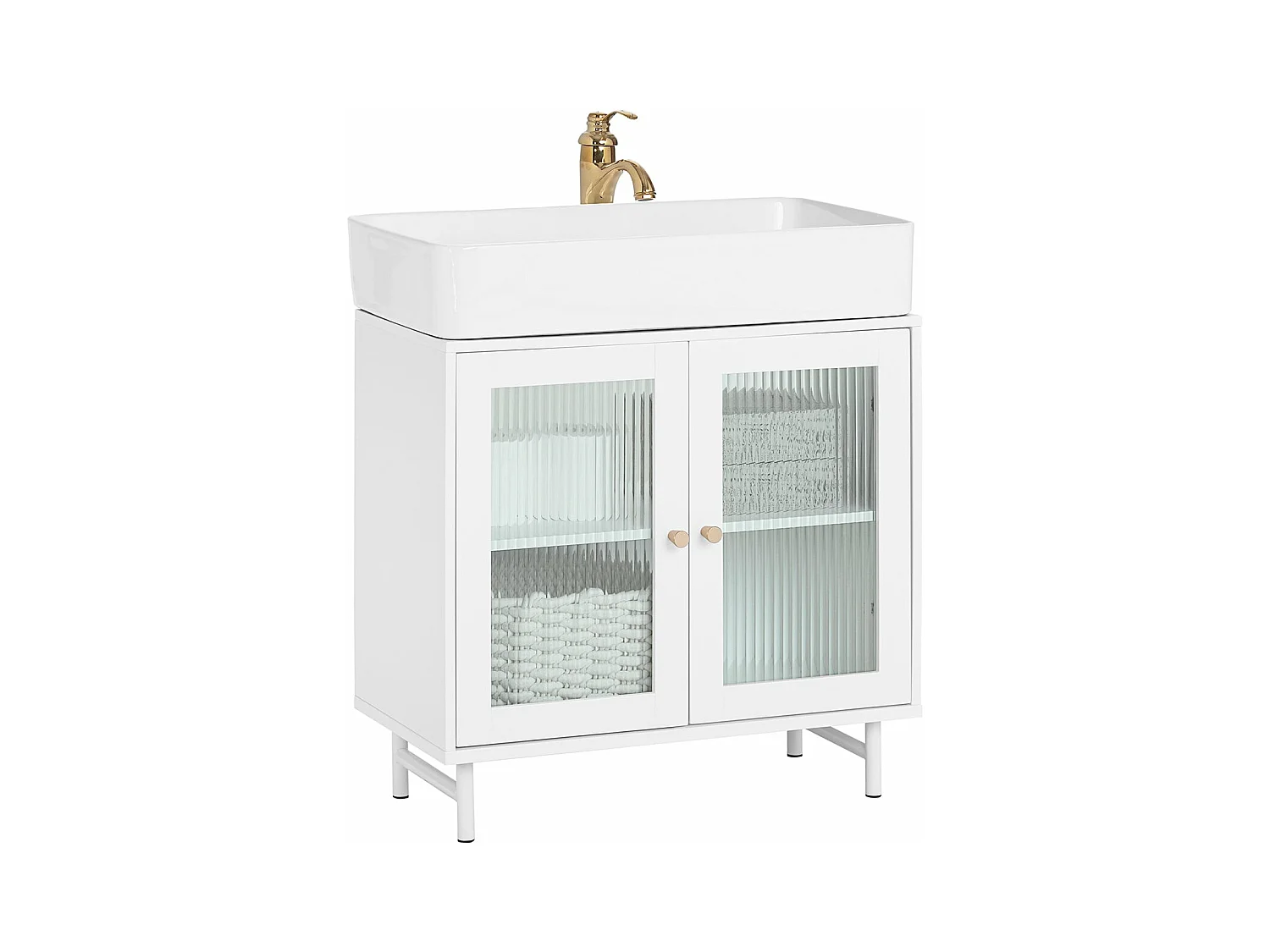 SoBuy Meuble sous Lavabo Salle de Bain, Meuble sous Évier, Armoire de Rangement pour Vasque sur Pieds avec 2 Portes en Verre, 60x30x58 cm, Blanc, BZR115-W