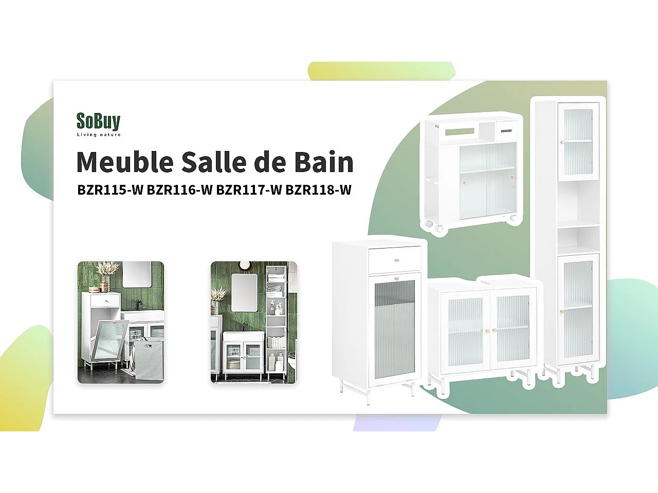 SoBuy Meuble sous Lavabo Salle de Bain, Meuble sous Évier, Armoire de Rangement pour Vasque sur Pieds avec 2 Portes en Verre, 60x30x58 cm, Blanc, BZR115-W