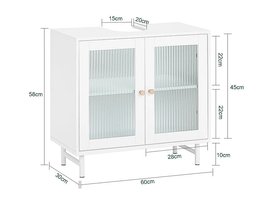 SoBuy Meuble sous Lavabo Salle de Bain, Meuble sous Évier, Armoire de Rangement pour Vasque sur Pieds avec 2 Portes en Verre, 60x30x58 cm, Blanc, BZR115-W