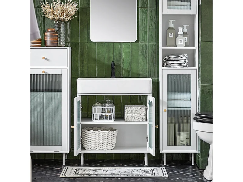 SoBuy Meuble sous Lavabo Salle de Bain, Meuble sous Évier, Armoire de Rangement pour Vasque sur Pieds avec 2 Portes en Verre, 60x30x58 cm, Blanc, BZR115-W