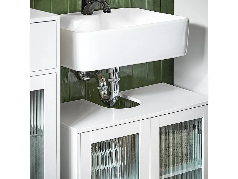 SoBuy Meuble sous Lavabo Salle de Bain, Meuble sous Évier, Armoire de Rangement pour Vasque sur Pieds avec 2 Portes en Verre, 60x30x58 cm, Blanc, BZR115-W