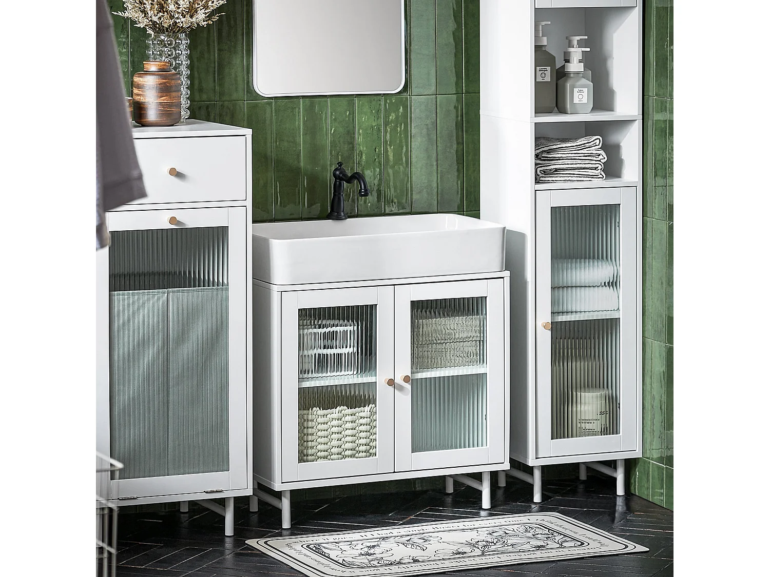SoBuy Meuble sous Lavabo Salle de Bain, Meuble sous Évier, Armoire de Rangement pour Vasque sur Pieds avec 2 Portes en Verre, 60x30x58 cm, Blanc, BZR115-W