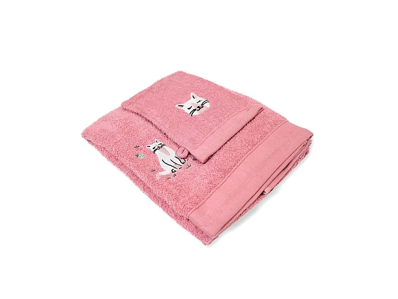 Set Gant & Drap de Douche "Chaton" 70x130cm Rose