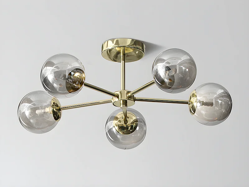 Candeeiro de teto em metal e vidro fumado brilhante 5 globos, D58,5 x A21 cm dourado - SOFIA
