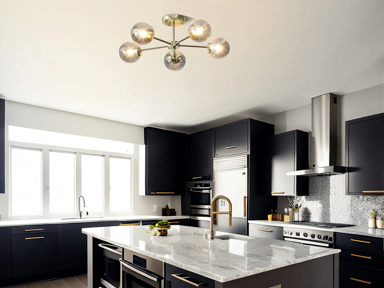 Lámpara de techo de metal y vidrio ahumado brillante - 5 globos - D. 58,5 x Alt. 21 cm - Dorado - SOFIA