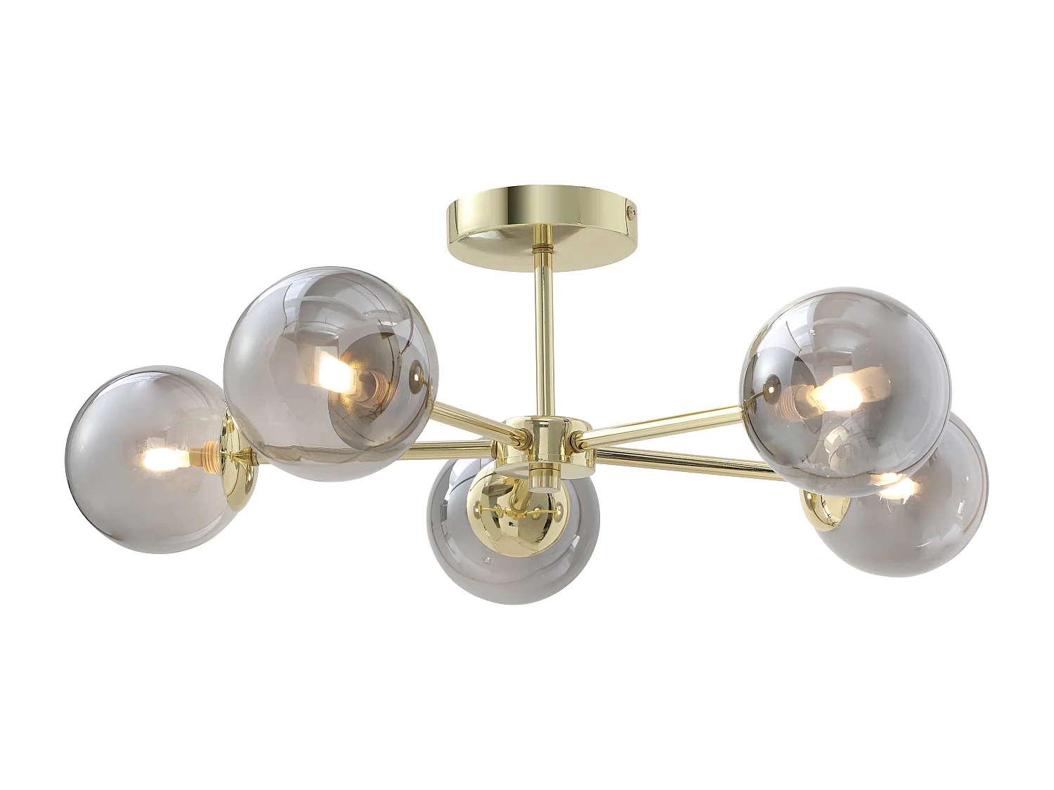 Candeeiro de teto em metal e vidro fumado brilhante 5 globos, D58,5 x A21 cm dourado - SOFIA