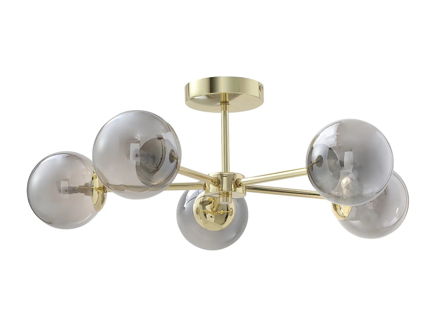 Candeeiro de teto em metal e vidro fumado brilhante 5 globos, D58,5 x A21 cm dourado - SOFIA