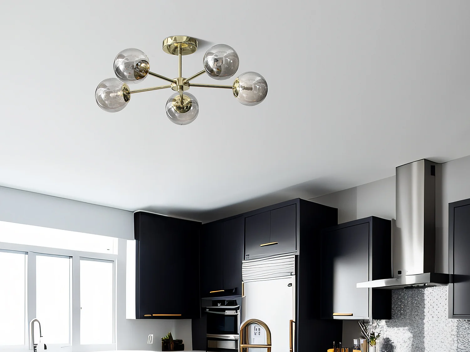 Candeeiro de teto em metal e vidro fumado brilhante 5 globos, D58,5 x A21 cm dourado - SOFIA