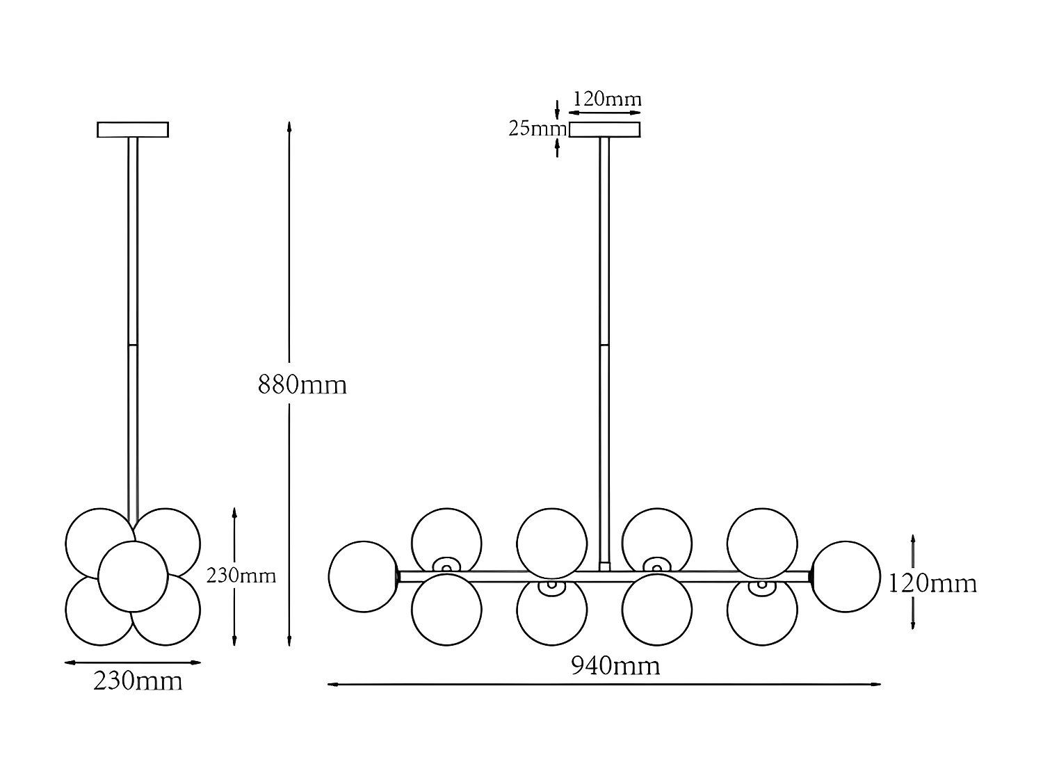 Lampadario 10 sfere L. 94 x P. 23 x H. 88 cm in Metallo e Vetro fumé brillante Dorato - SOFIA