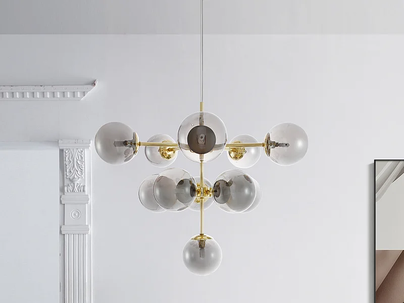 Lampadario 11 sfere D. 61 x H. 144 cm in Metallo e Vetro fumé brillante Dorato - SOFIA