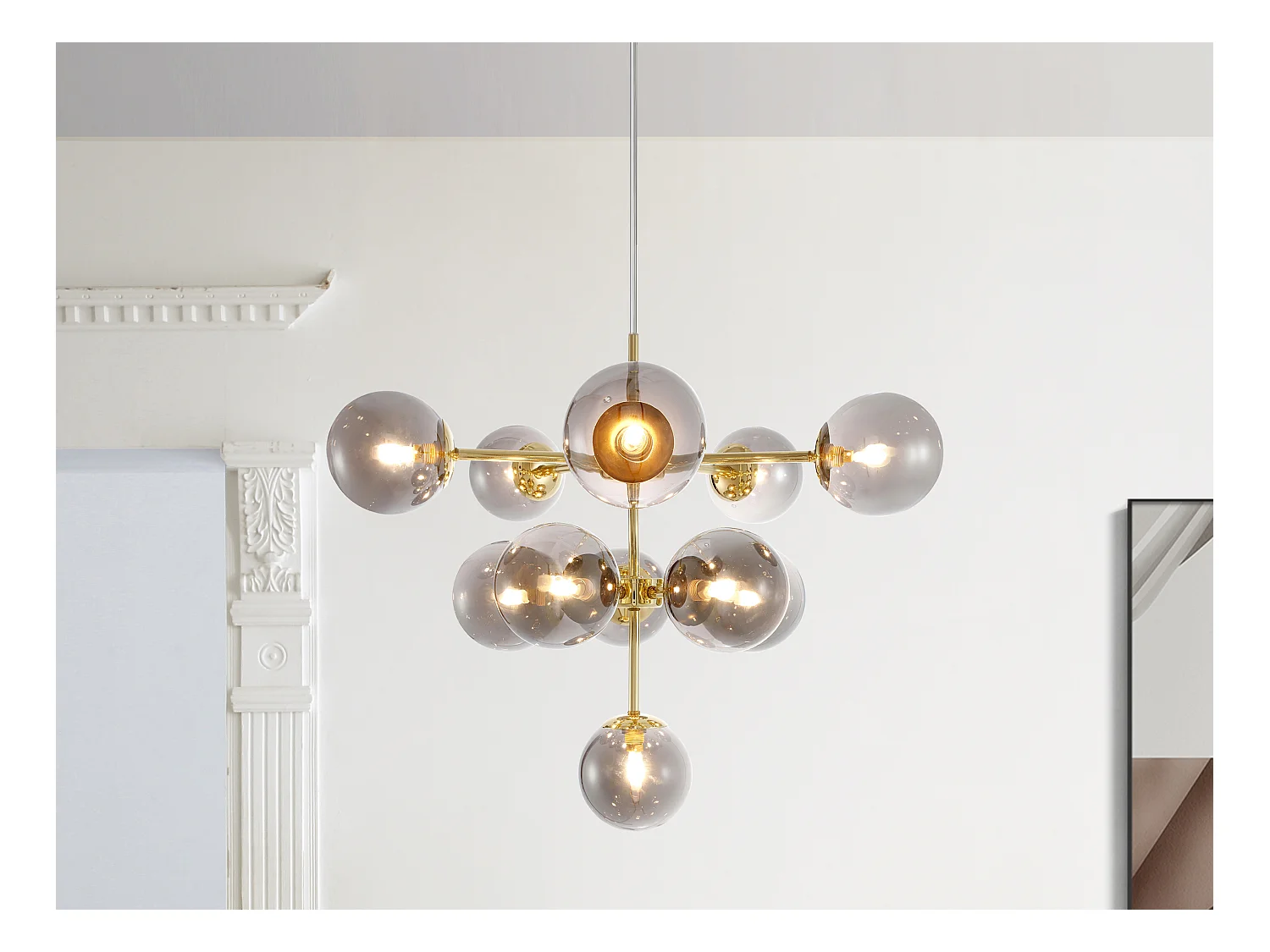 Lámpara de metal y vidrio ahumado brillante - 11 globos - D. 61 x Alt. 144 cm - Dorado - SOFIA