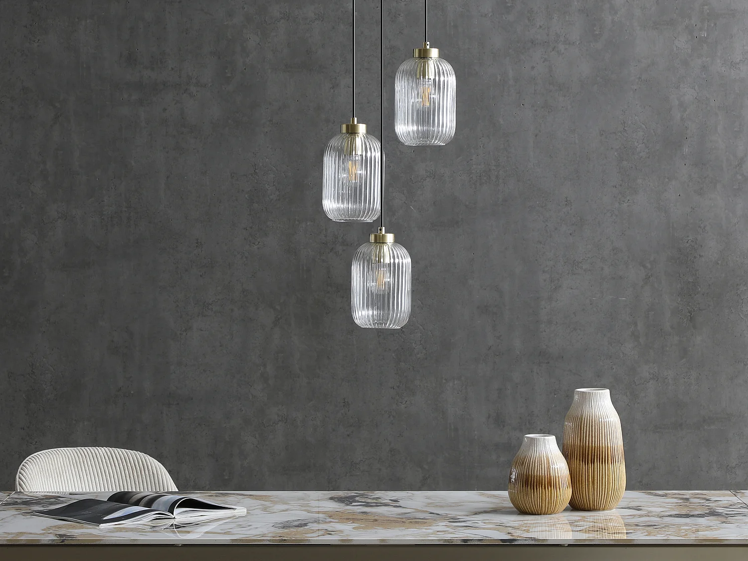 Lustre en métal et verre texturé - 3 globes - L. 30 x H. 120 cm - Doré - LOUXOR