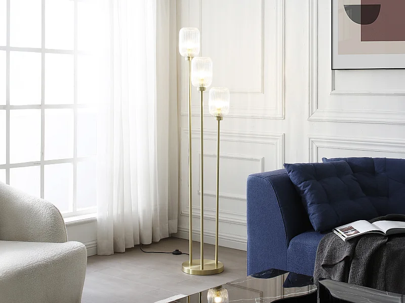 Lampadaire en métal et verre strié - 3 globes - D. 30 x H. 161 cm -  Doré - LOUXOR