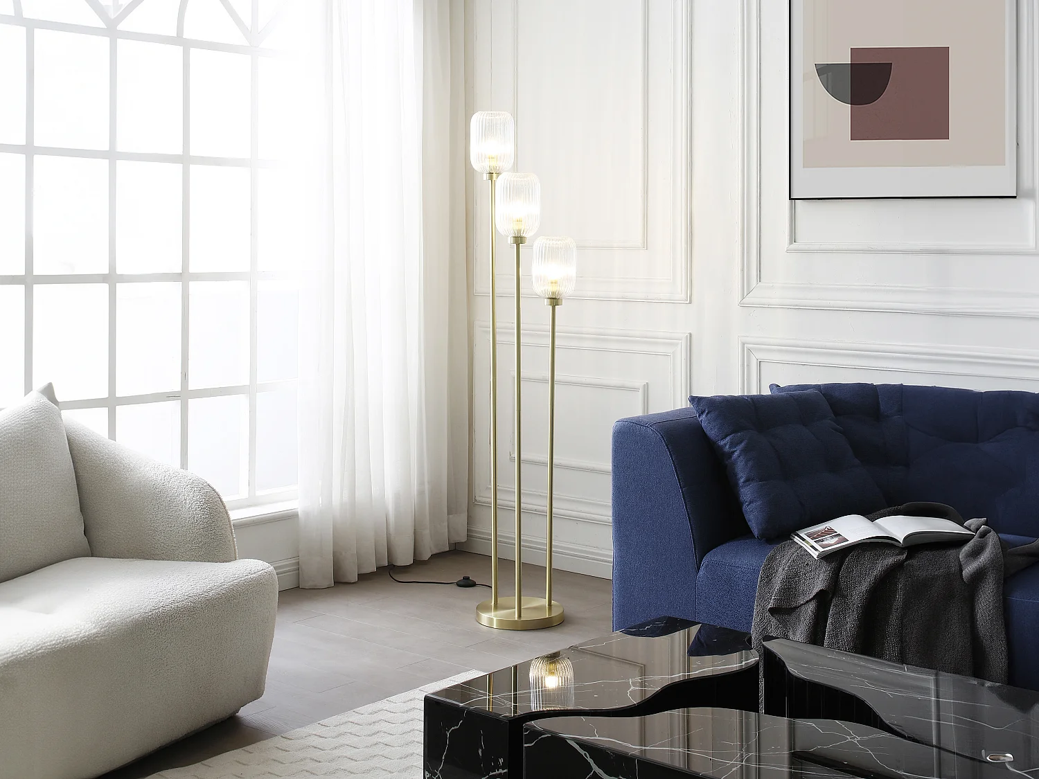 Candeeiro de pé vintage em metal e vidro, 3 globos, D30 x A161 cm dourado - LOUXOR